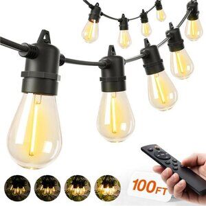 100FT LED Outdoor String Lights, Remote Dimmable Patio Lights with Timer